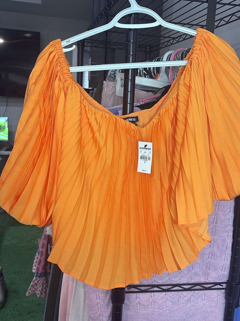 Express Women’s Bright Orange Pleated Off-Shoulder Blouse